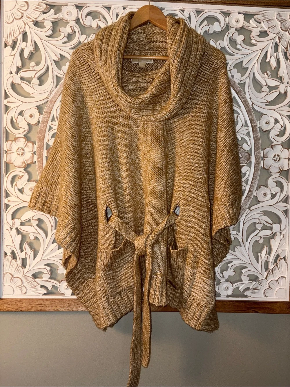Michael Kors Belted Cowl Neck Poncho Sweater - Pockets & Ribbed Trim sz L/XL EUC